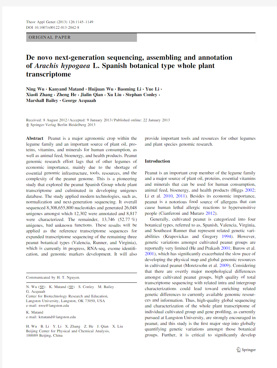 De novo next-generation sequencing, assembling and annotation of Arachis hypogaea L. Spanish