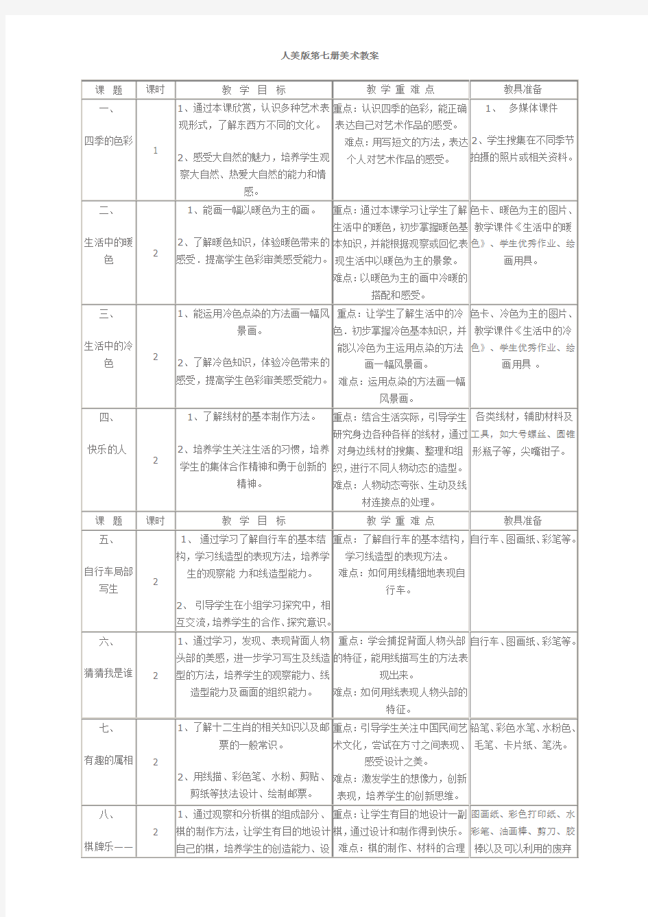 小学四年级人美版美术上册教案全集及教学设计