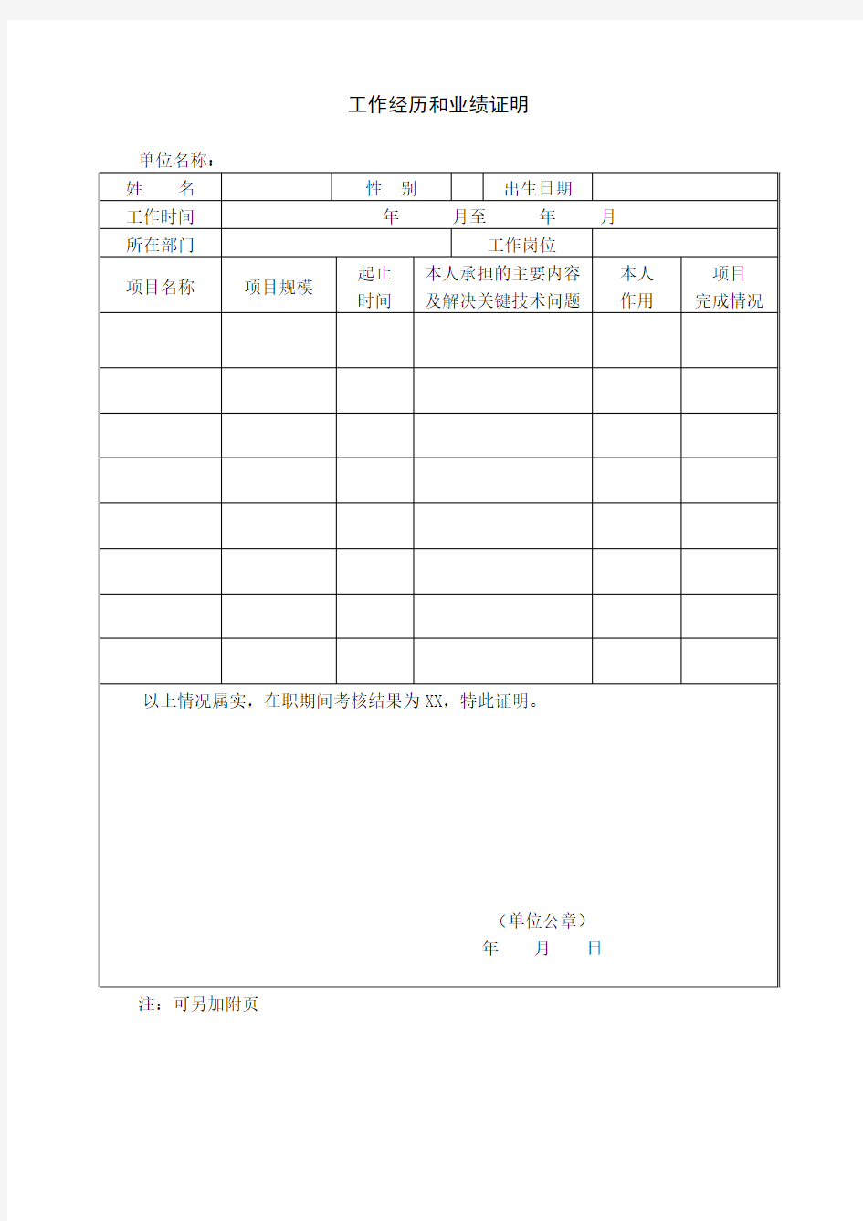 原工作经历和业绩证明(样表)