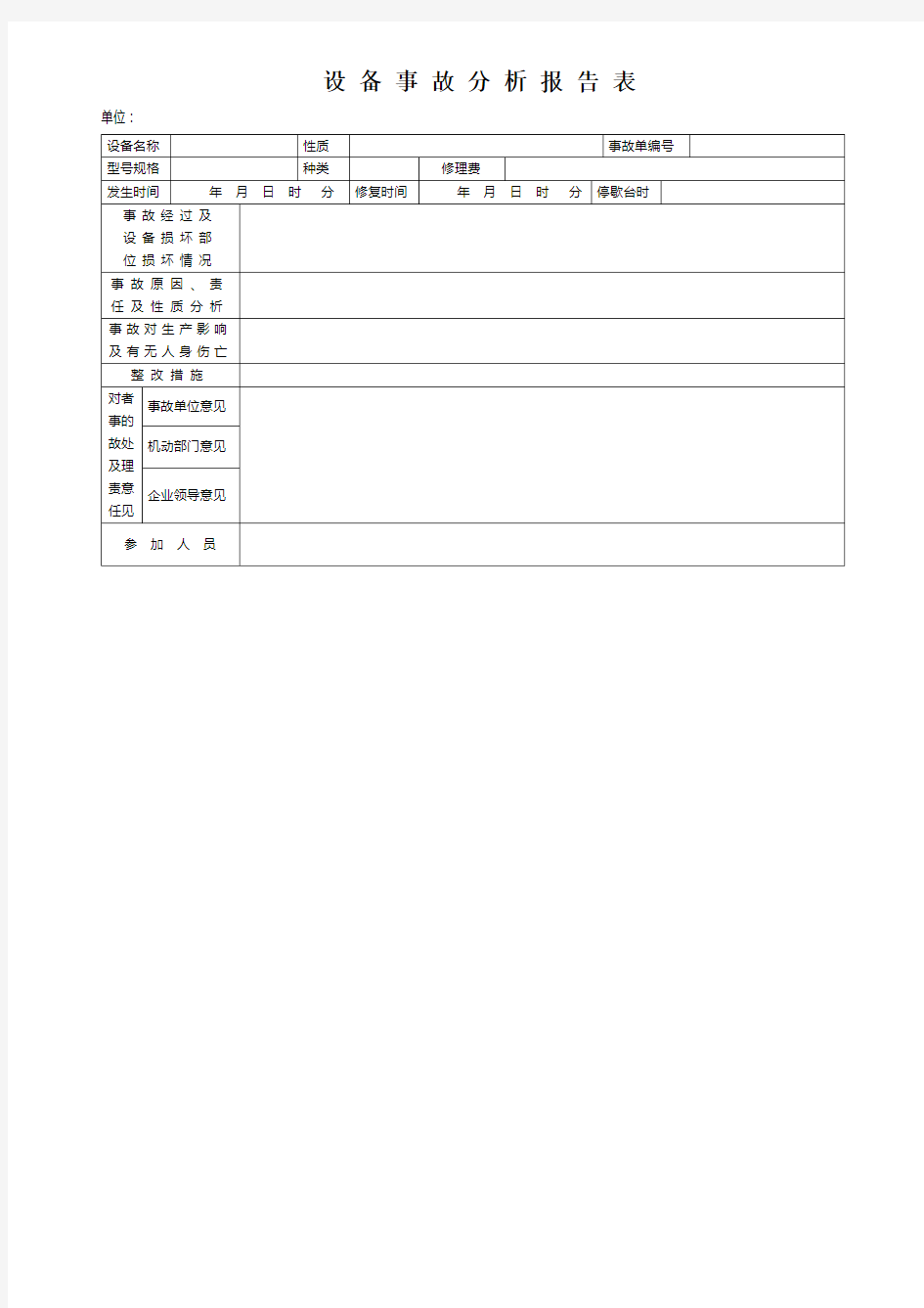 设备事故分析报告表