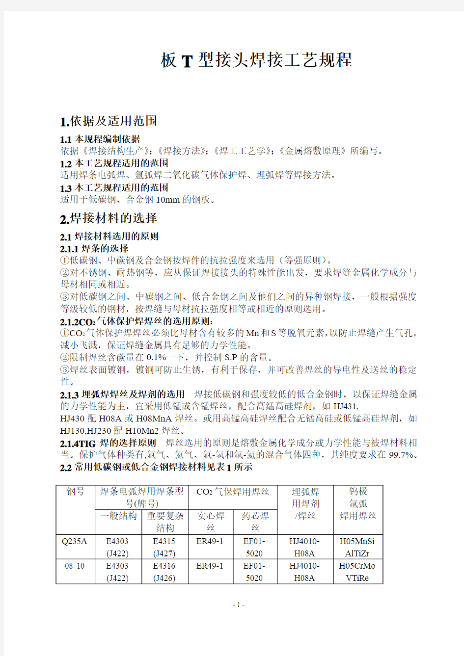 板T型接头焊接工艺规程  完整版