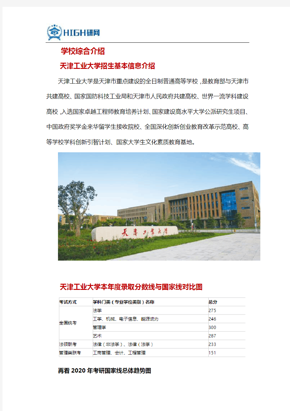 天津工业大学历年考研分数线考研难度