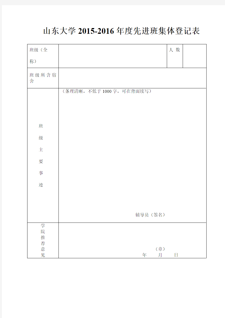 山东大学2015-2016年度先进班集体登记表【模板】