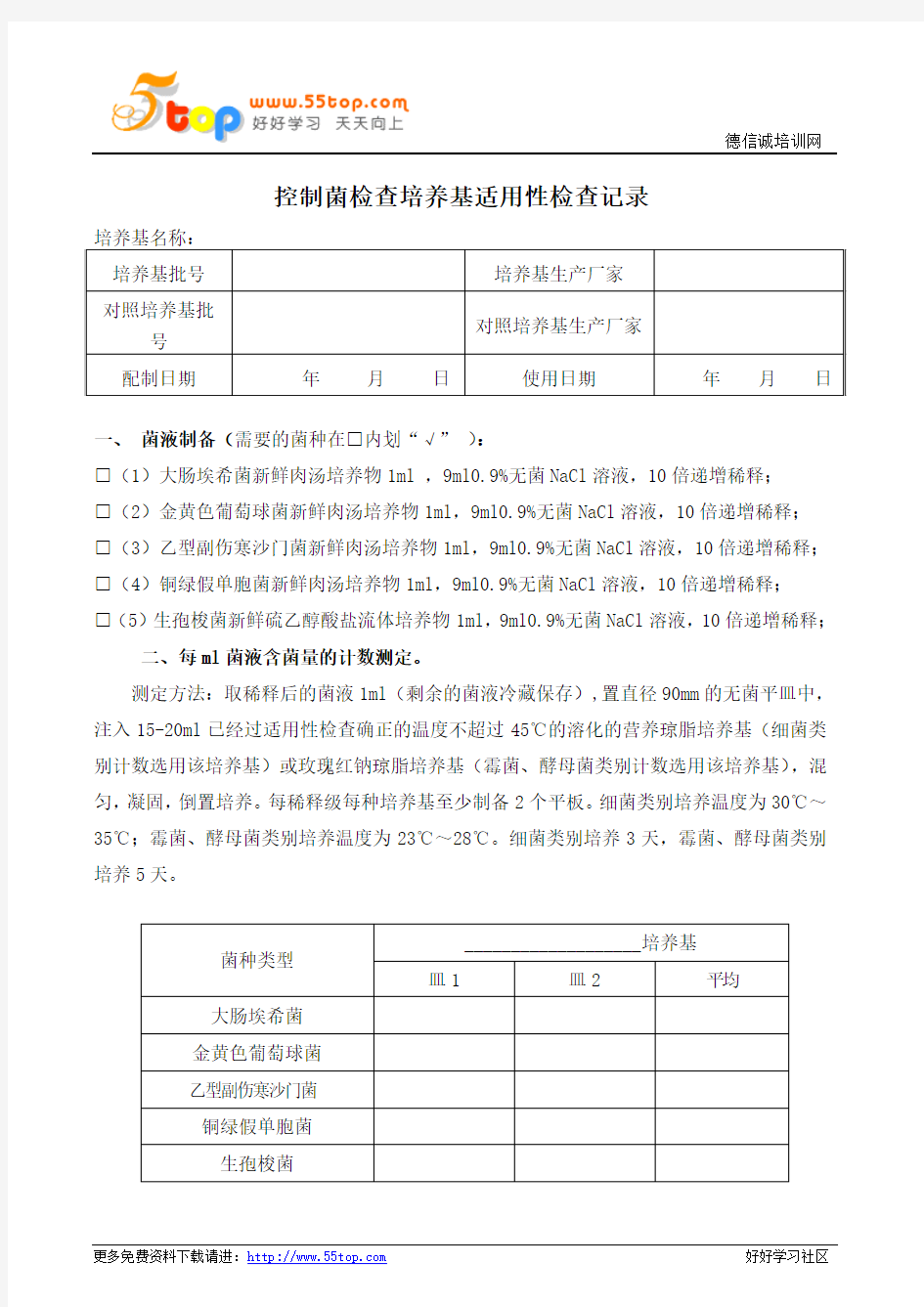 控制菌检查培养基适用性检查记录表