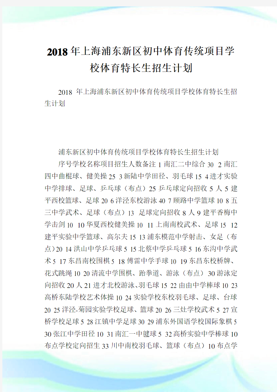 上海浦东新区初中体育传统项目学校体育特长生招生计划.doc