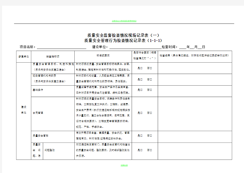 公路水运工程项目质量安全管理行为检查记录表