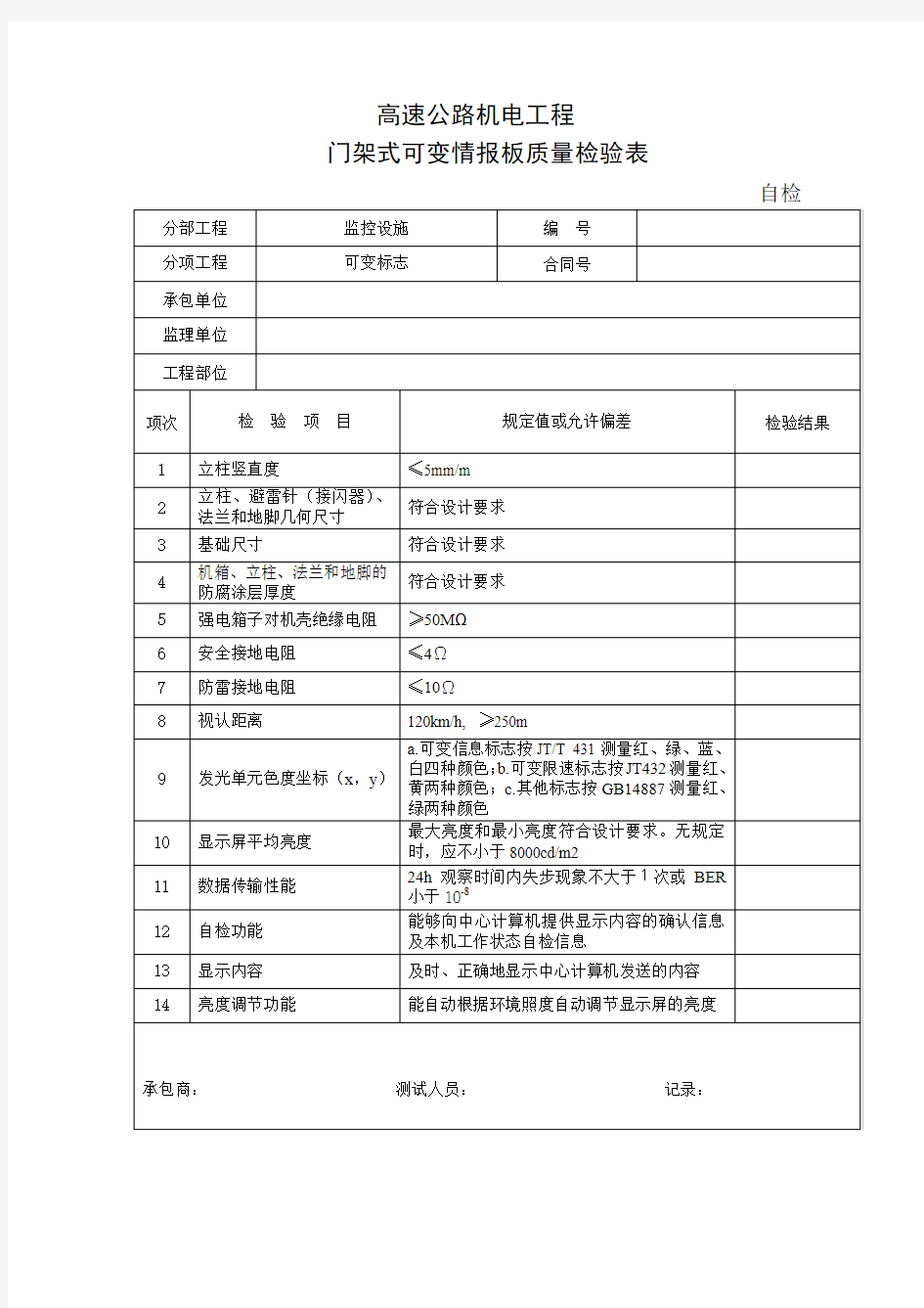 高速公路机电工程门架式可变情报板质量检验表