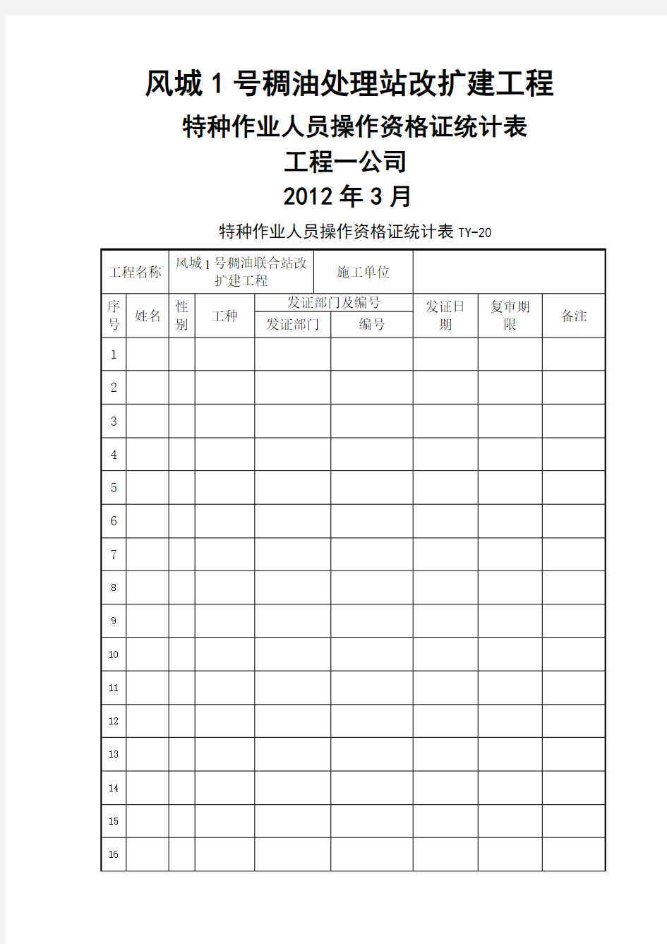 【特种作业人员操作资格证统计表】