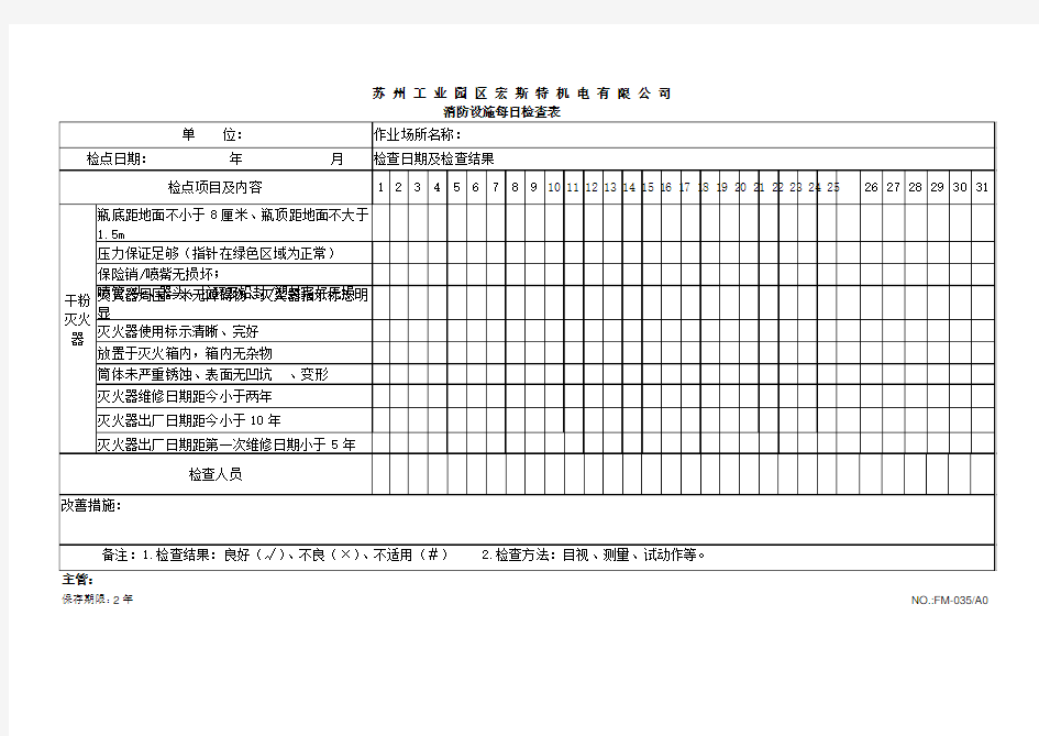 FM-050 消防设施每日检查表 A0