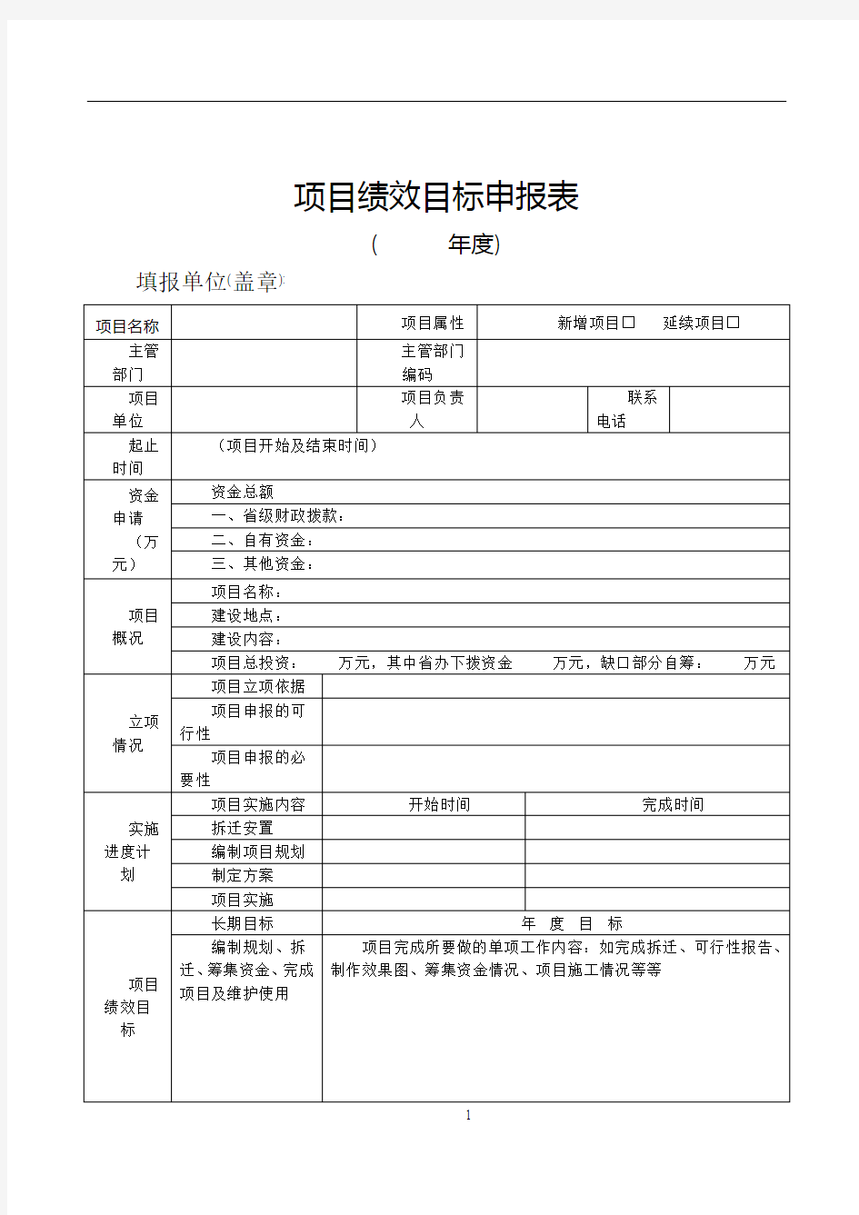 项目绩效目标申报表