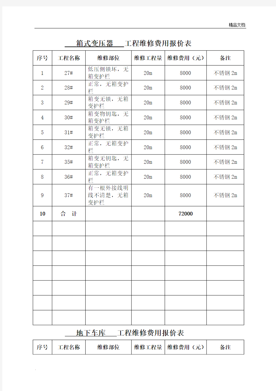 工程维修费用报价表