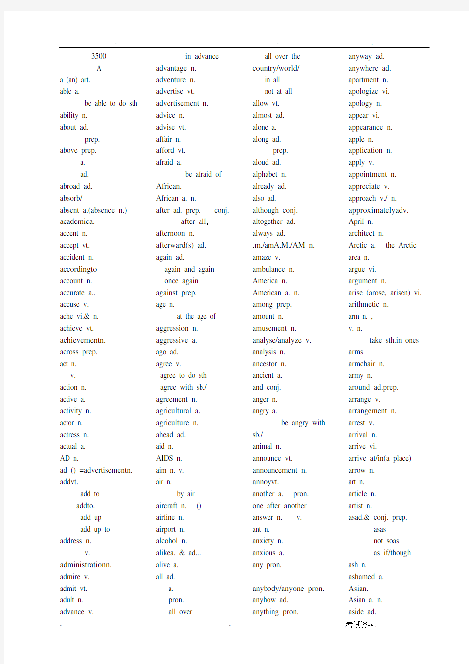 高考英语词汇表约3500补充常见词组无中文字符