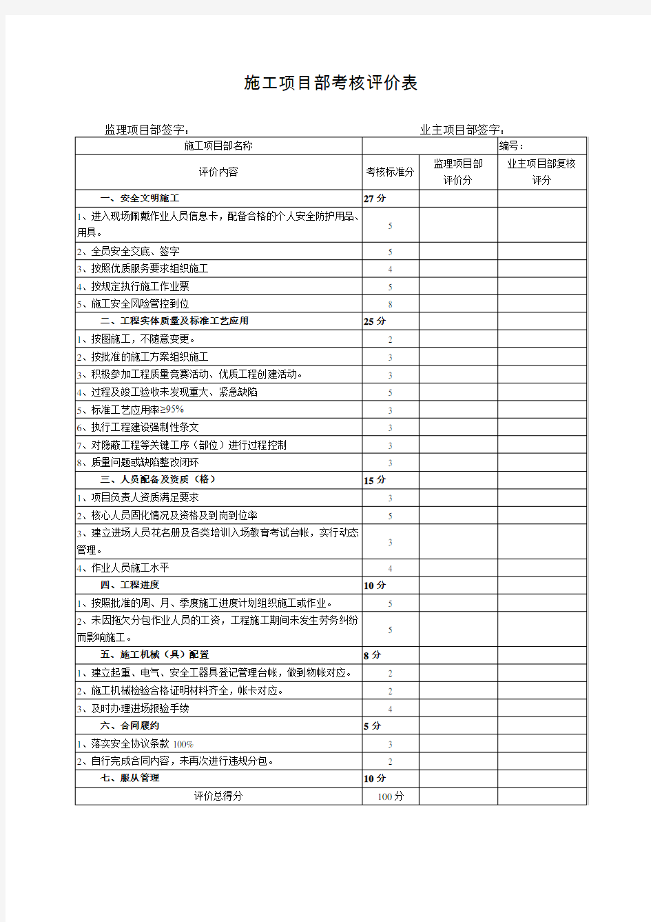 施工项目部考核评价表