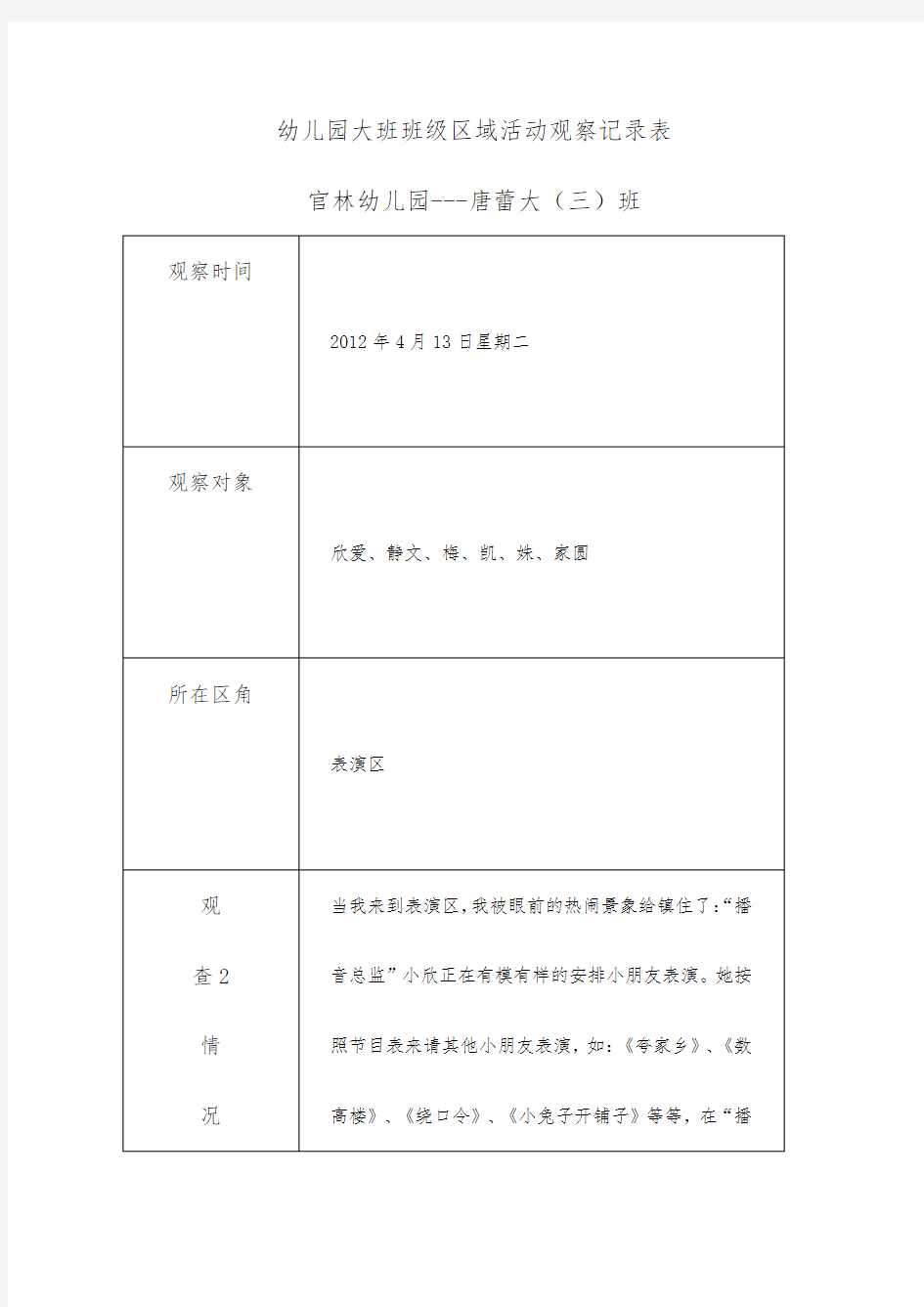 幼儿园大班班级区域活动观察记录表