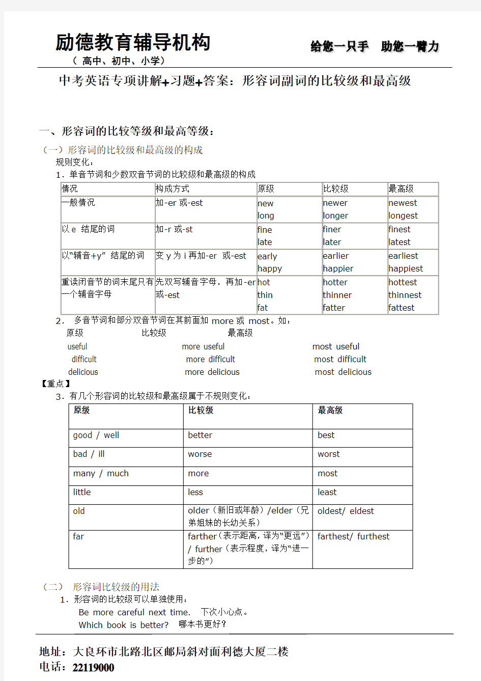 (完整版)中考英语形容词副词的比较级最高级专项讲解+习题+答案