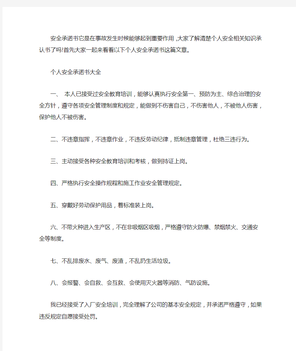 【个人安全承诺书范文】 个人安全承诺书