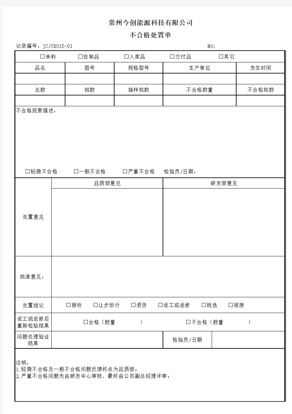 不合格品处置单