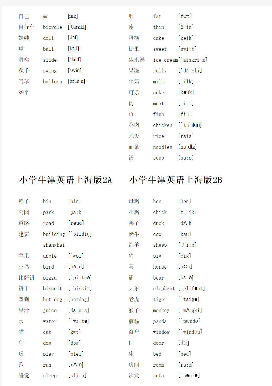 牛津小学英语上海版单词表一年级带音标