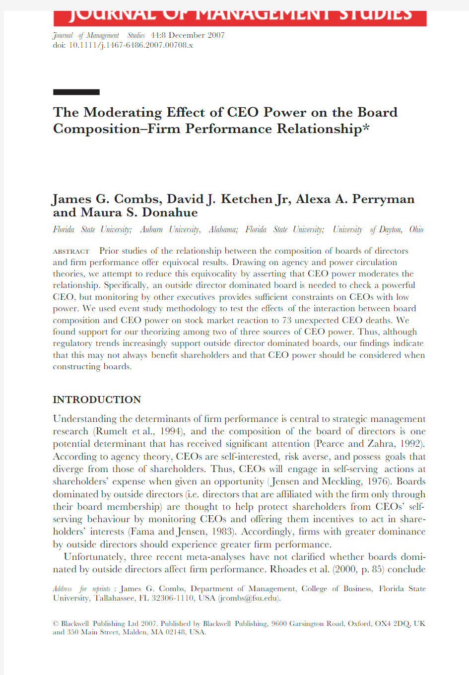 The Moderating Effect of CEO Power on the Board Composition–Firm Performance Relationship