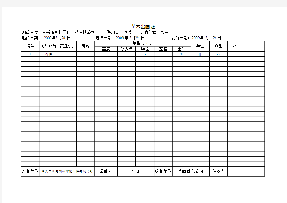 苗木出圃证