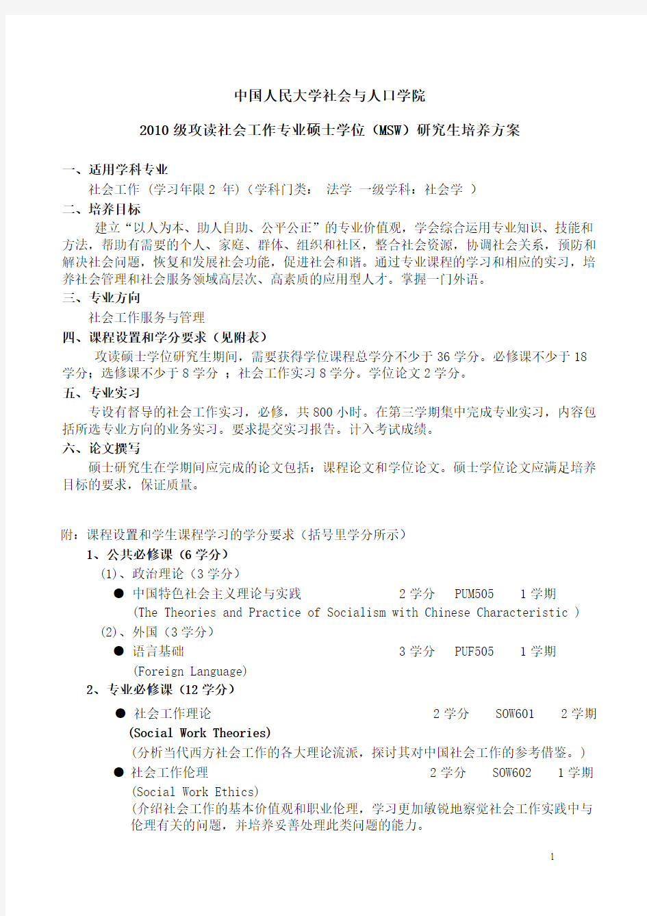 中国人民大学2010级社会工作专业硕士(MSW)培养方案(定稿)