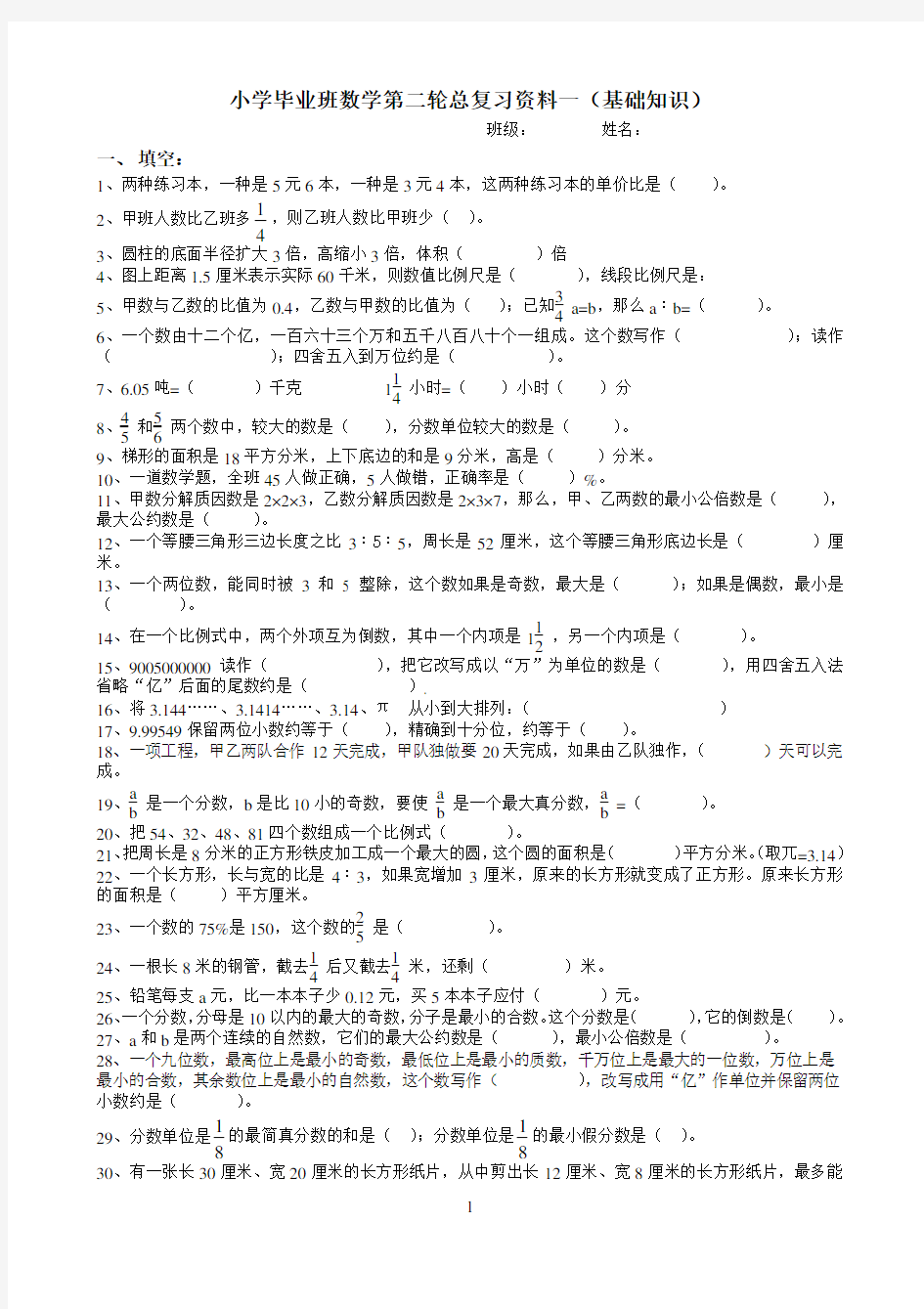 2015新人教版小学六年级数学毕业总复习基础知识分类专项练习题