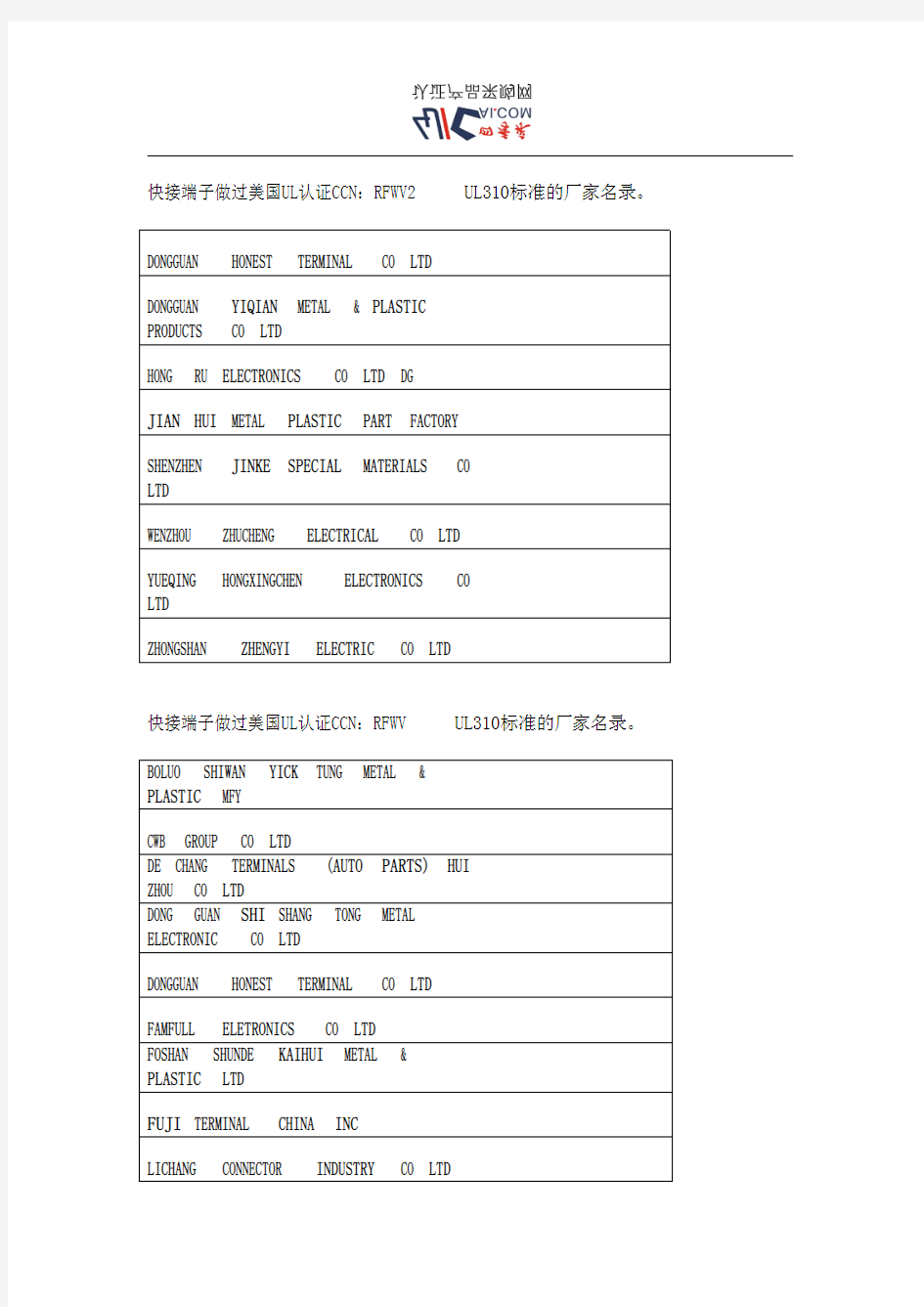 快接端子做过美国UL认证UL310标准的厂家名录