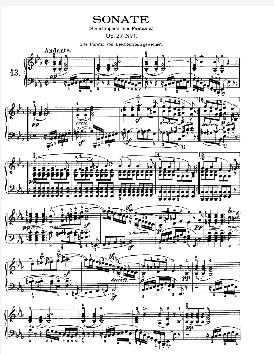 [钢琴]第13号钢琴奏鸣曲 Piano Sonata No.13 Op.27.1 1800-1801 降E大调