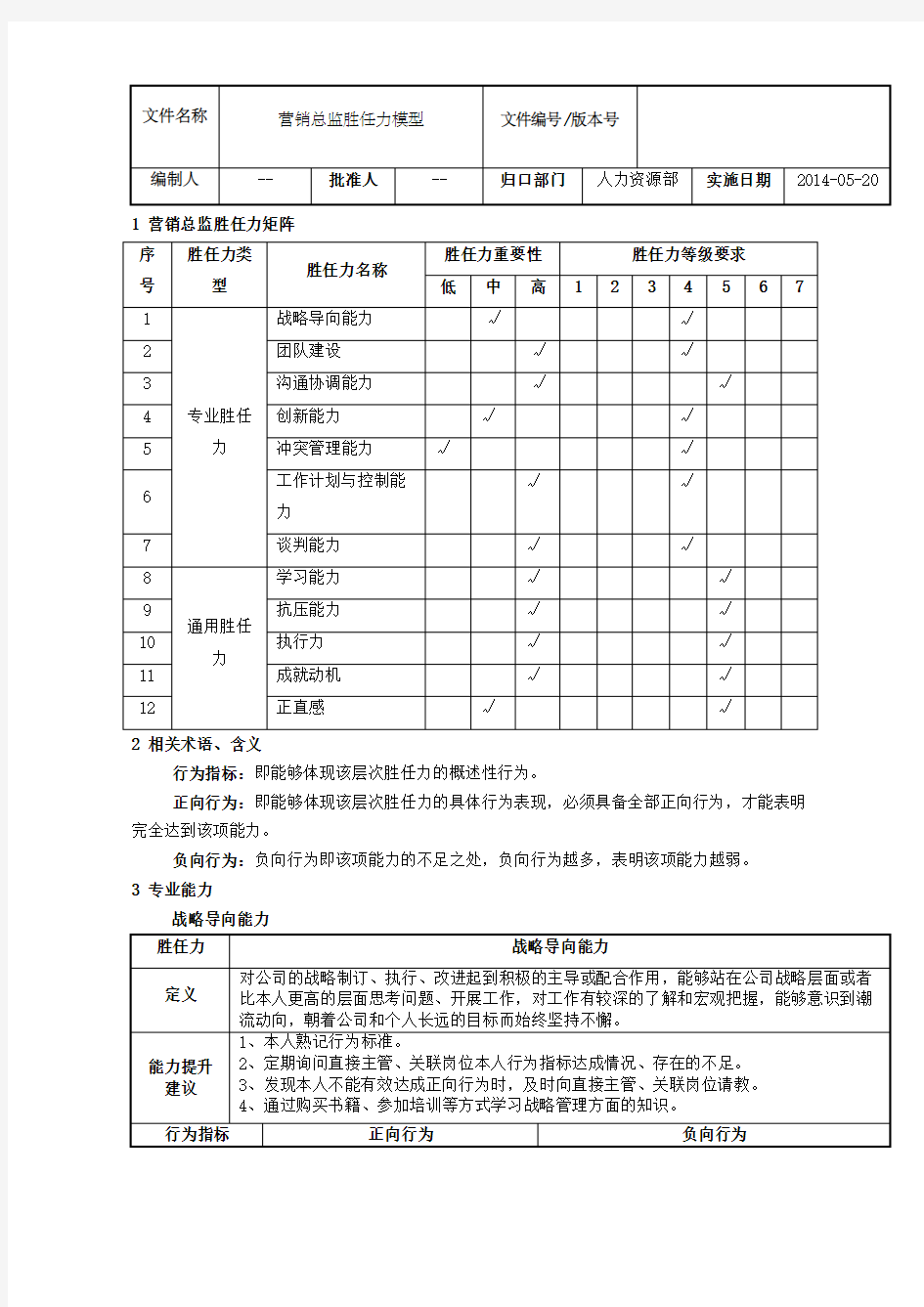 营销总监胜任力模型