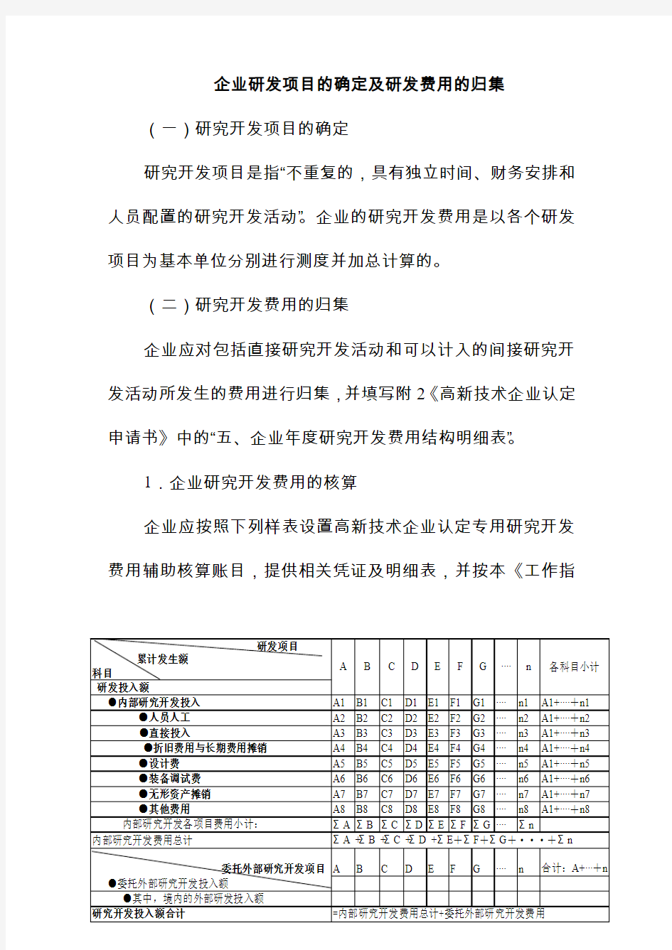 高新技术企业研发项目的确定及研发费用的归集