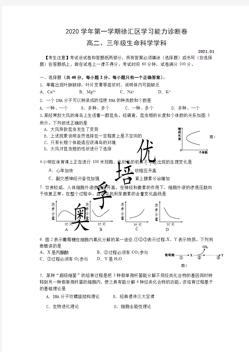 2020-2021学年上海市徐汇区高中生物等级考一模卷