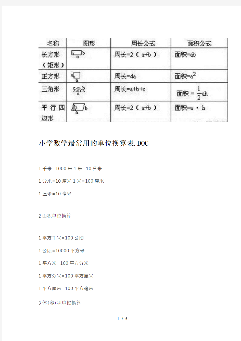 小学数学最常用的单位换算表