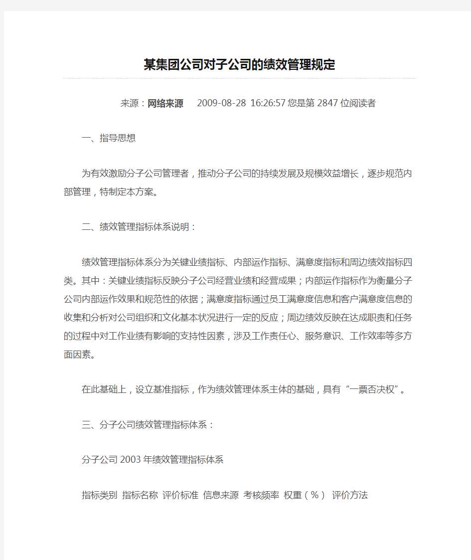 某集团公司对子公司的绩效管理规定