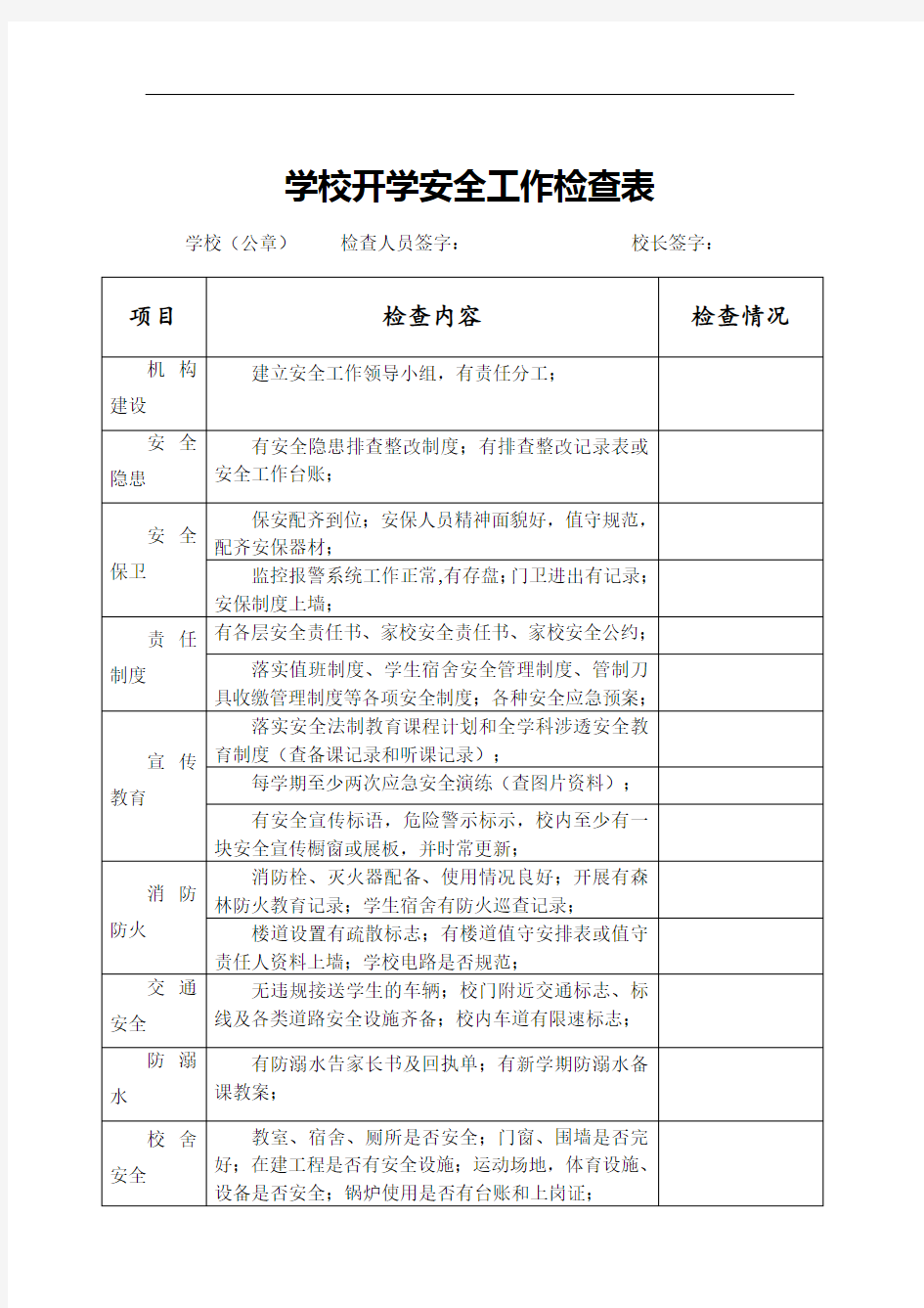 学校开学安全工作检查表