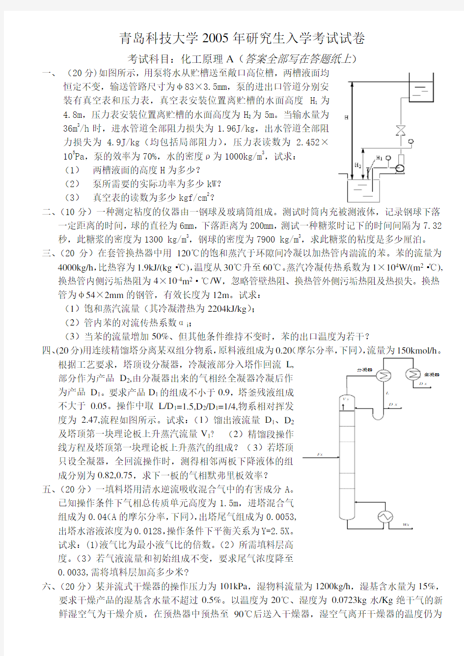 青岛科技大学2005-2010年化工原理真题