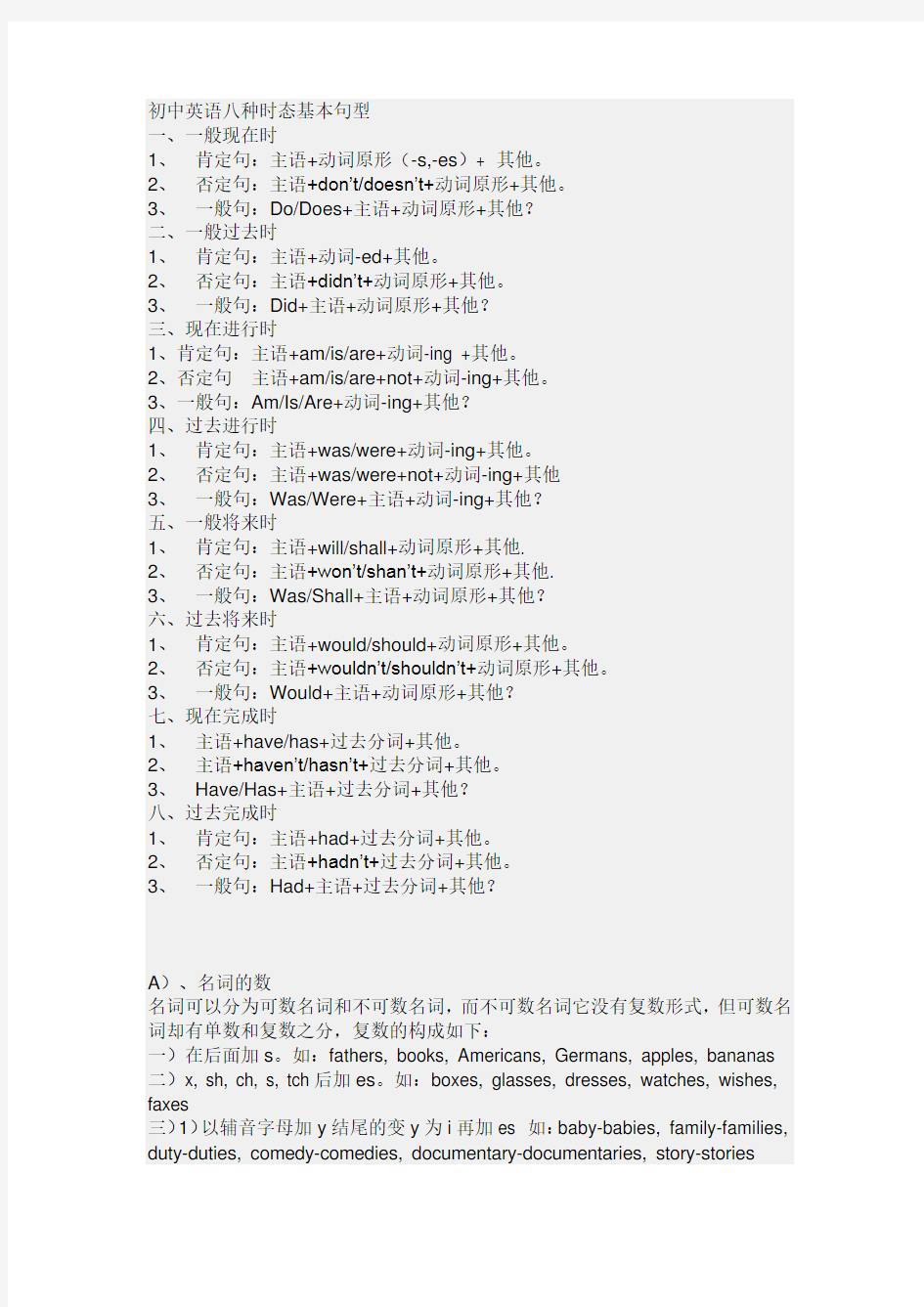 初中英语八种时态基本句型