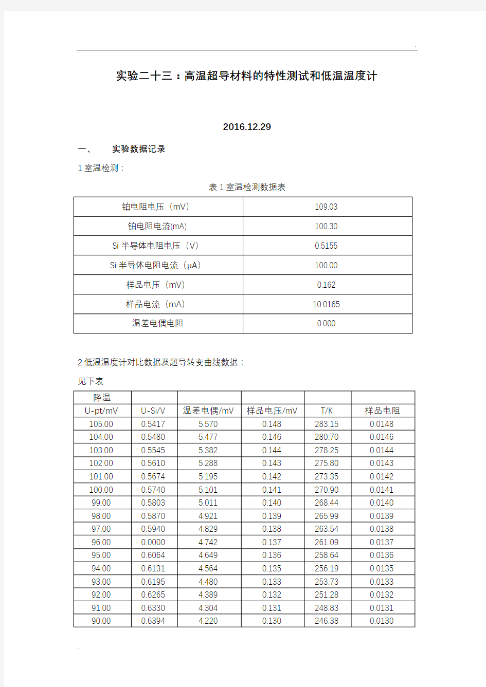 高温超导材料的特性测试和低温温度计实验报告