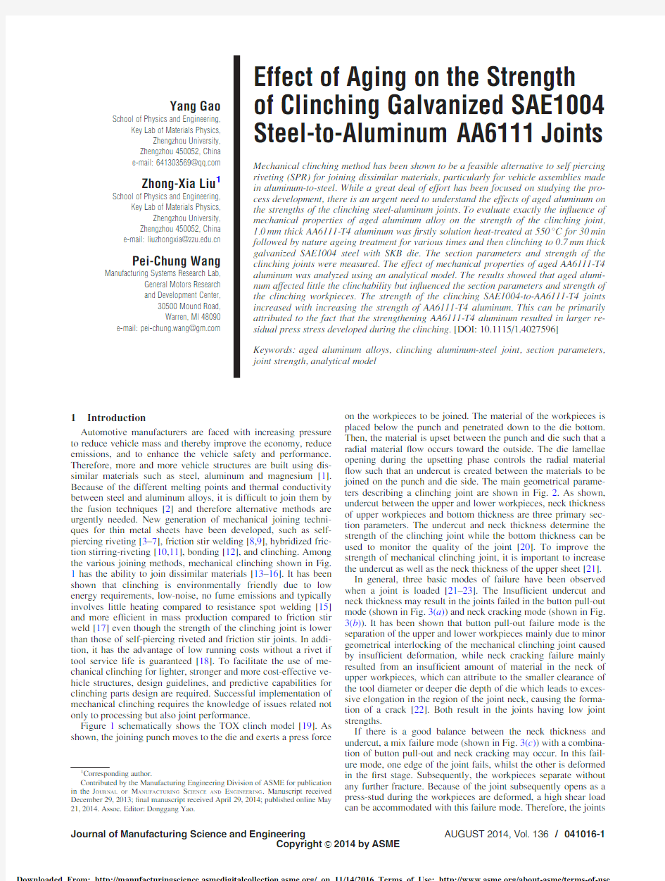 Effect of Aging on the Strength of Clinching Galvanized SAE1004 Steel-to-Aluminum AA6111 Joints