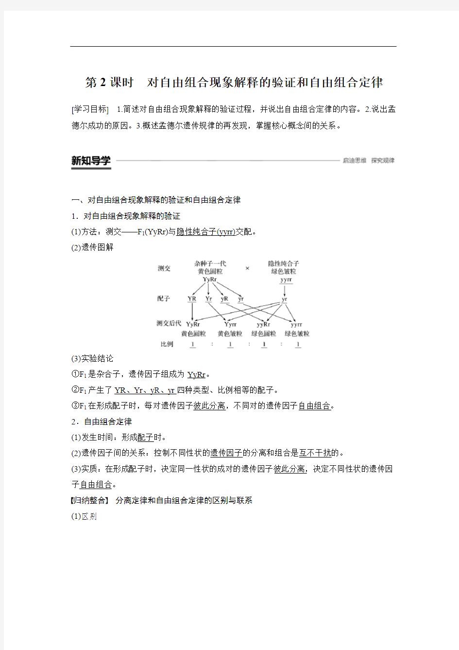 高中生物必修二第1章 第2节  对自由组合现象解释的验证和自由组合定律