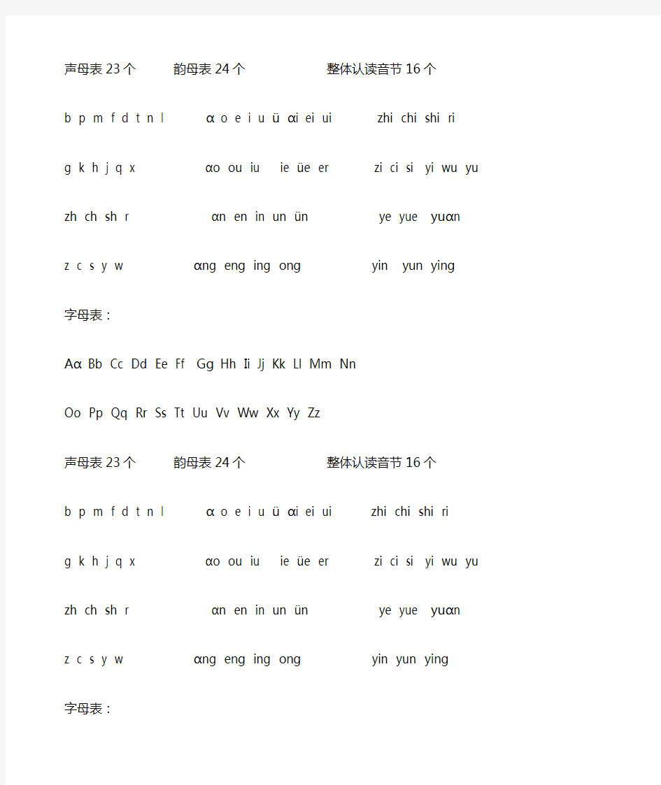 汉语拼音声母表23个               韵母表24个