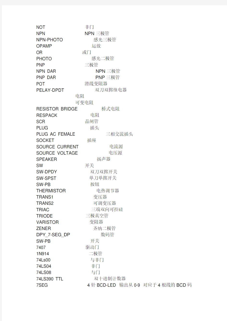 元器件中英文对照