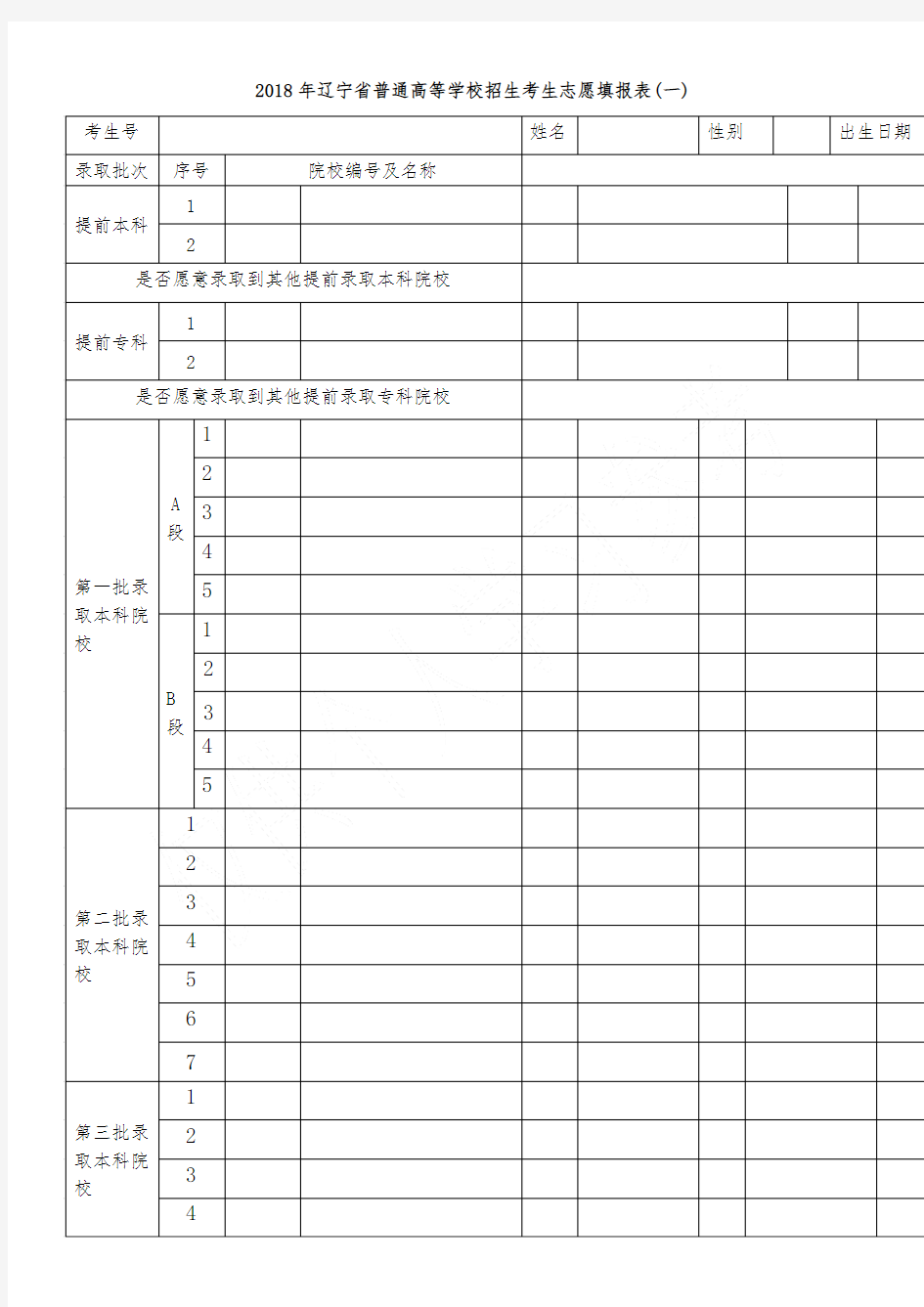 2018年辽宁省普通高考志愿填报表