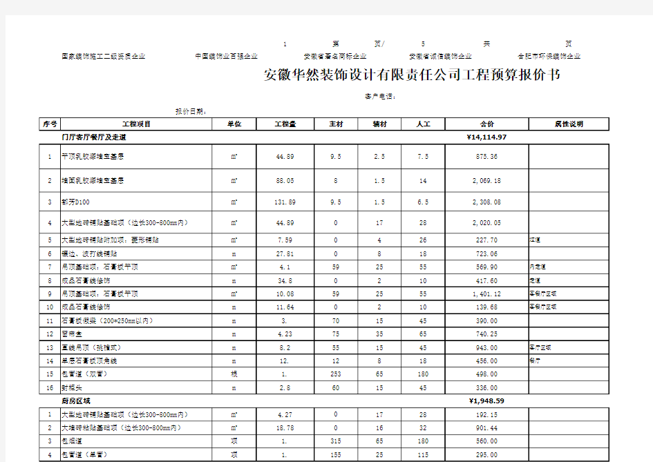 合肥华然装饰公司2017年下半年装修报价