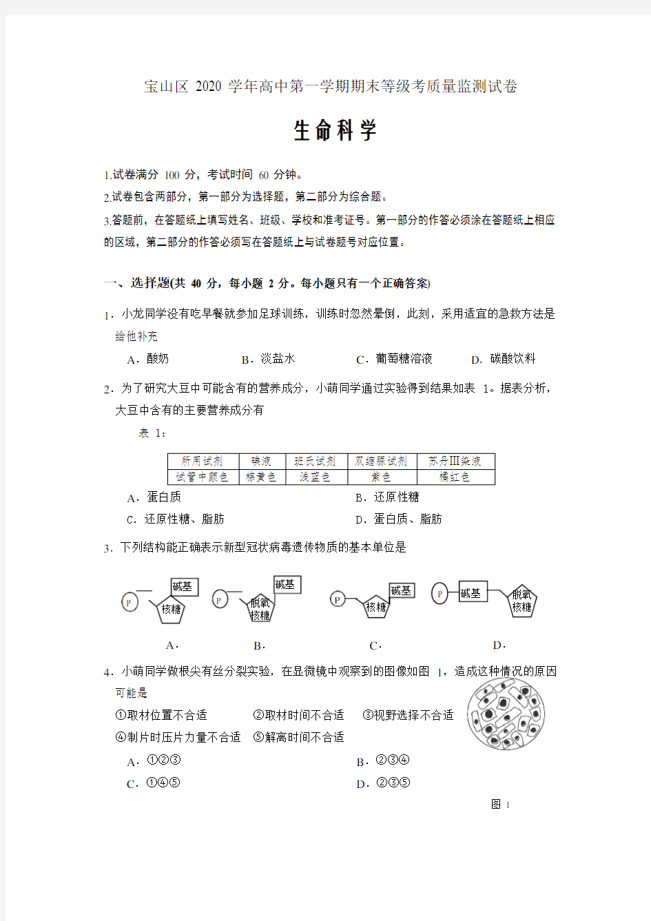 2020-2021学年上海市宝山区高中生物等级考一模卷 Word版