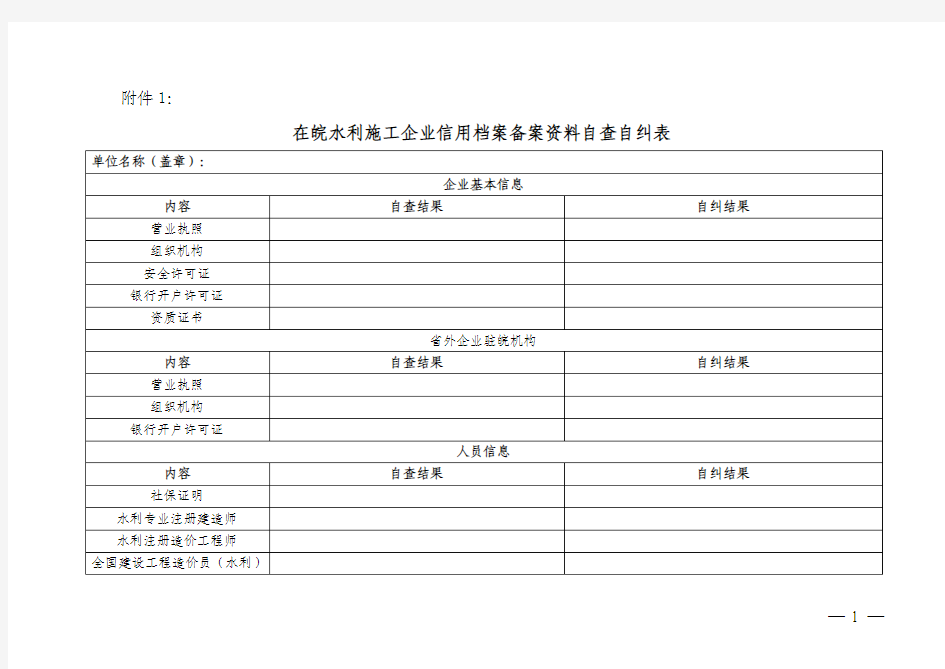 水利施工企业信用档案备案自查自纠表