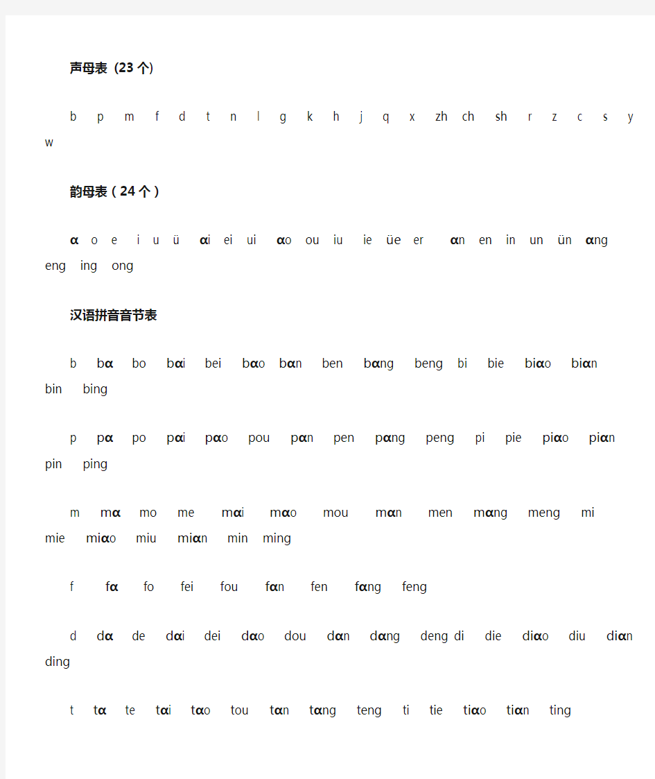 标准汉字拼音、音节拼读表