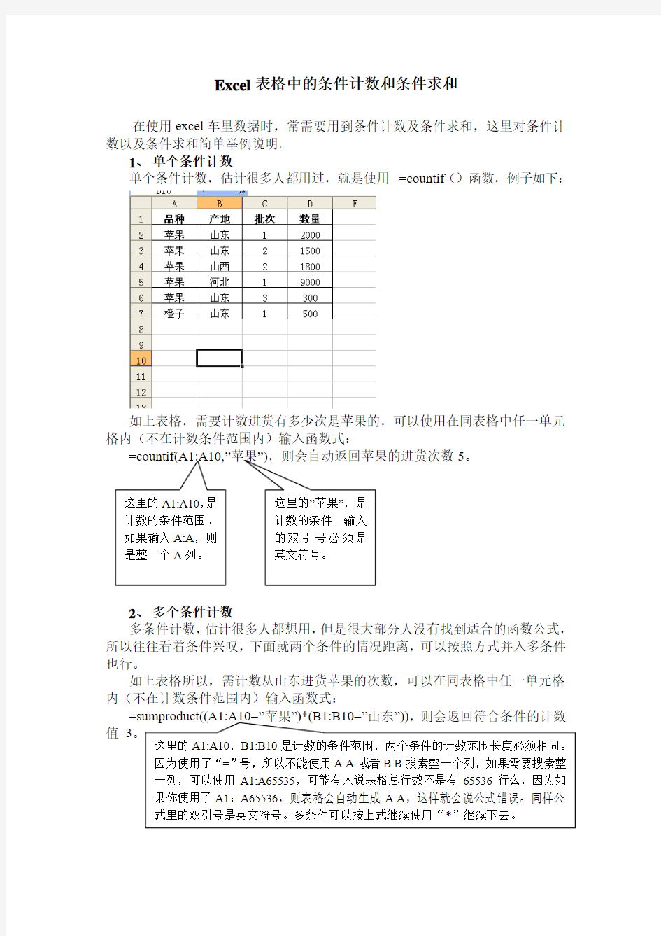 excel表格中的条件计数及条件求和(1)