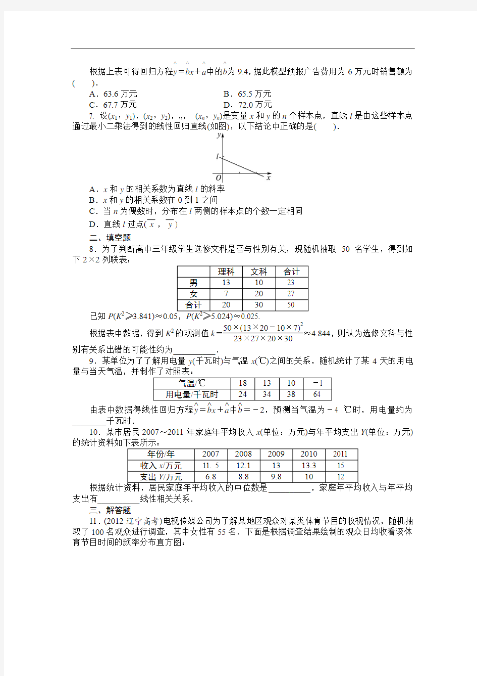 【志鸿优化设计】2014高考数学(湖南专用 理)一轮课时作业62 回归分析与独立性检验]