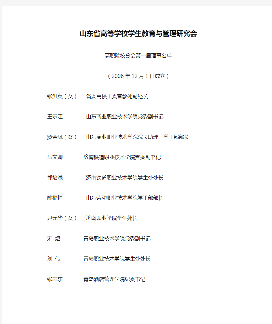 山东省高等学校学生教育与管理研究会高职院校分会第一届理事名单(2006年12月1日成立)