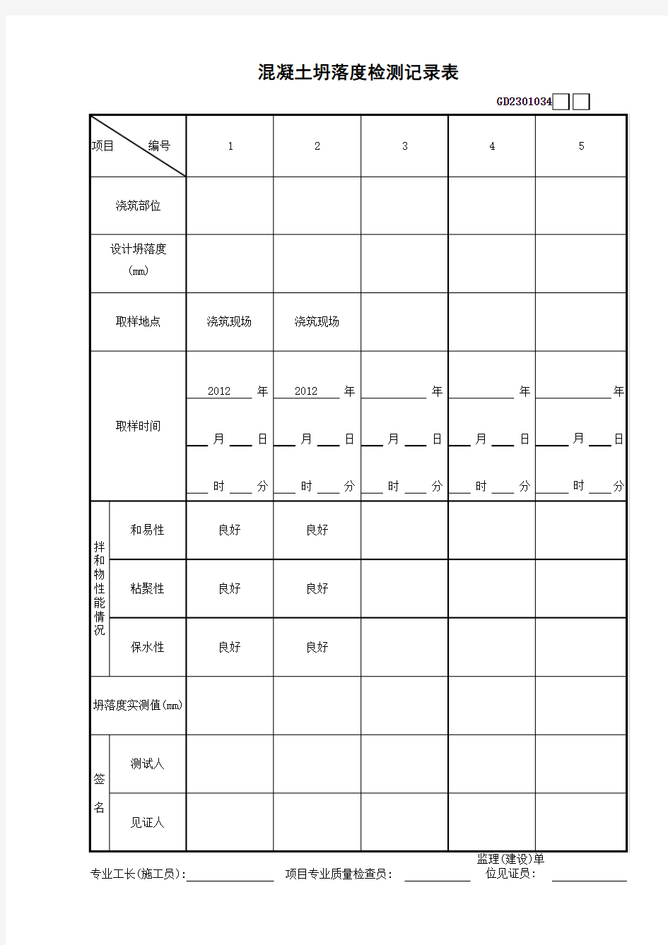 混凝土坍落度检测记录表GD2301034